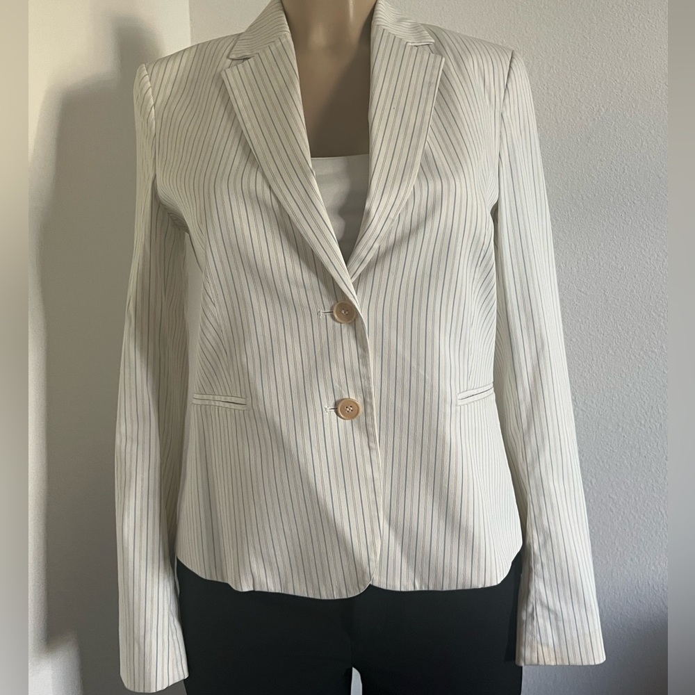 Theory White & Blue Pinstripe Blazer | Tailored Two Button Jacket Size 6